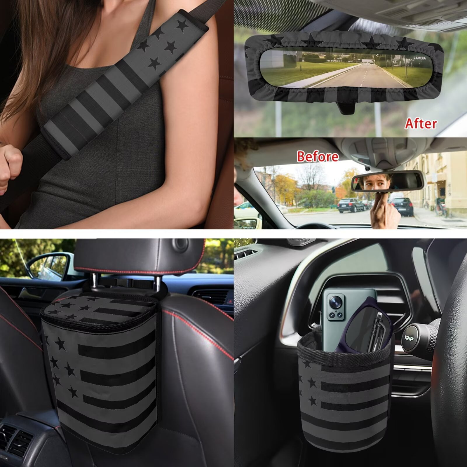Uorisanigo Black American Flag 15Pcs Car Seat Covers Font Rear Set with Steering Cover,Seatbelt Pads,Car Trash Bag,Air Vent Pouch,Key Chain,Rearview Mirror Cover,Coasters,Interior Accessories Set