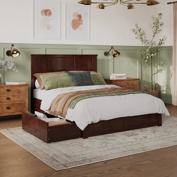 AFI Madison Queen Solid Wood Platform Bed with Footboard & Storage Drawers, Walnut