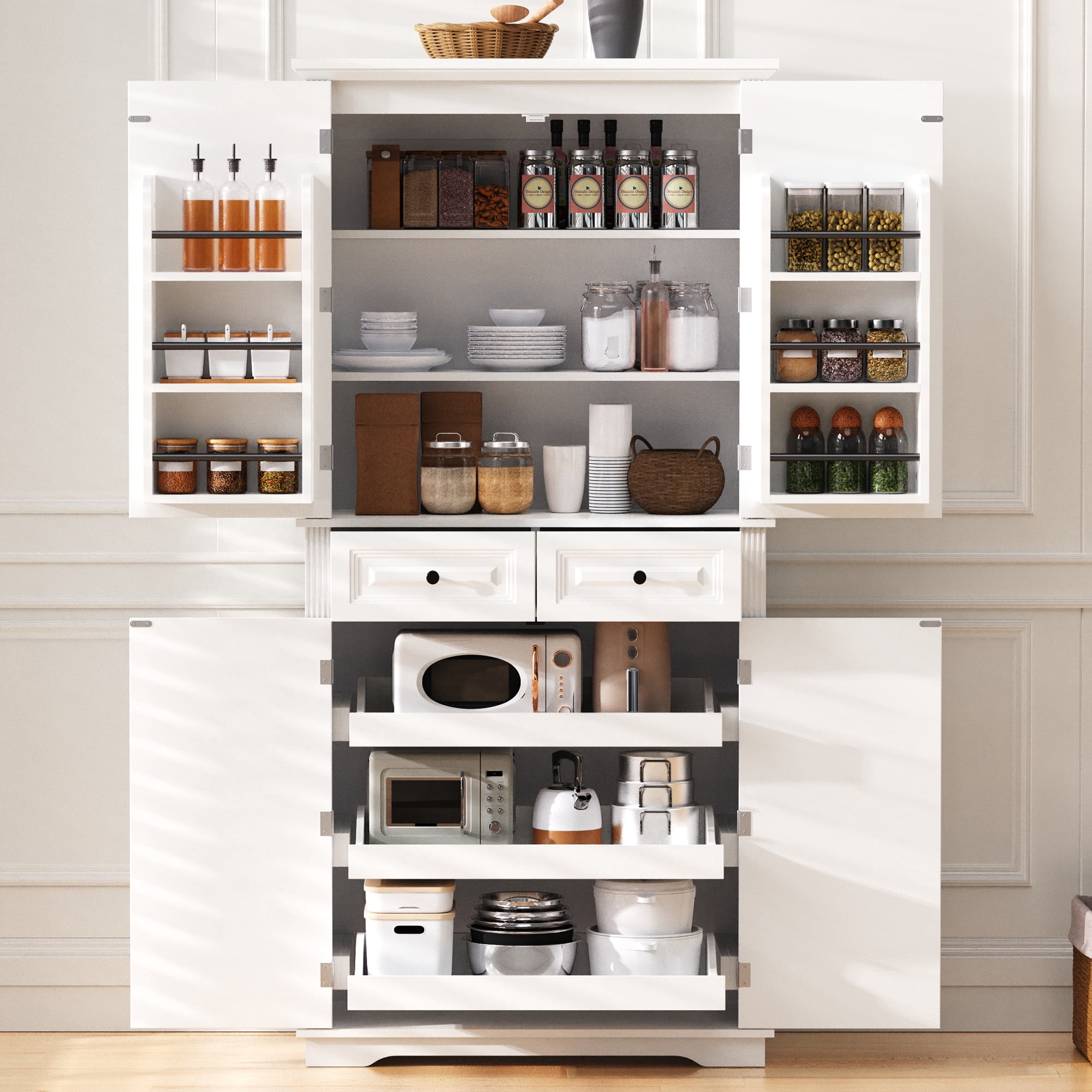Mintazer 71" Tall Farmhouse Pantry Cabinet with Adjustable Shelves & 6 Door Shelves, Freestanding Storage Cabinet with 2 Drawers & 3 Pull-Out Organizers for Kitchen Dining Room Living Room, White