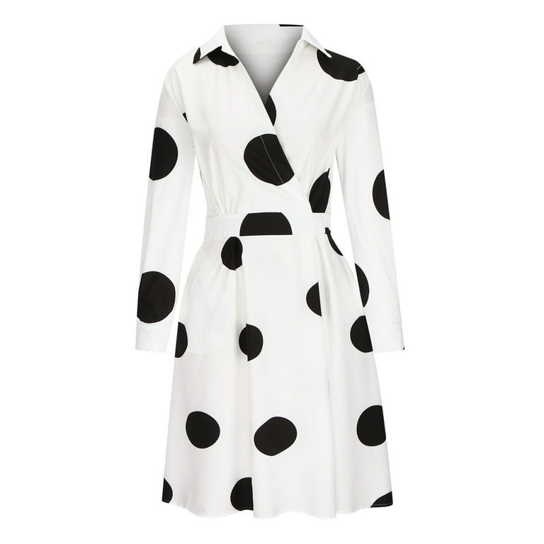 safuny Women's Knee Length A Line Shirt Dress Polka Floral Turn Down Collar  Long Sleeve Dress Elegant Casual High Waist Button Fashion White S -  Walmart.com