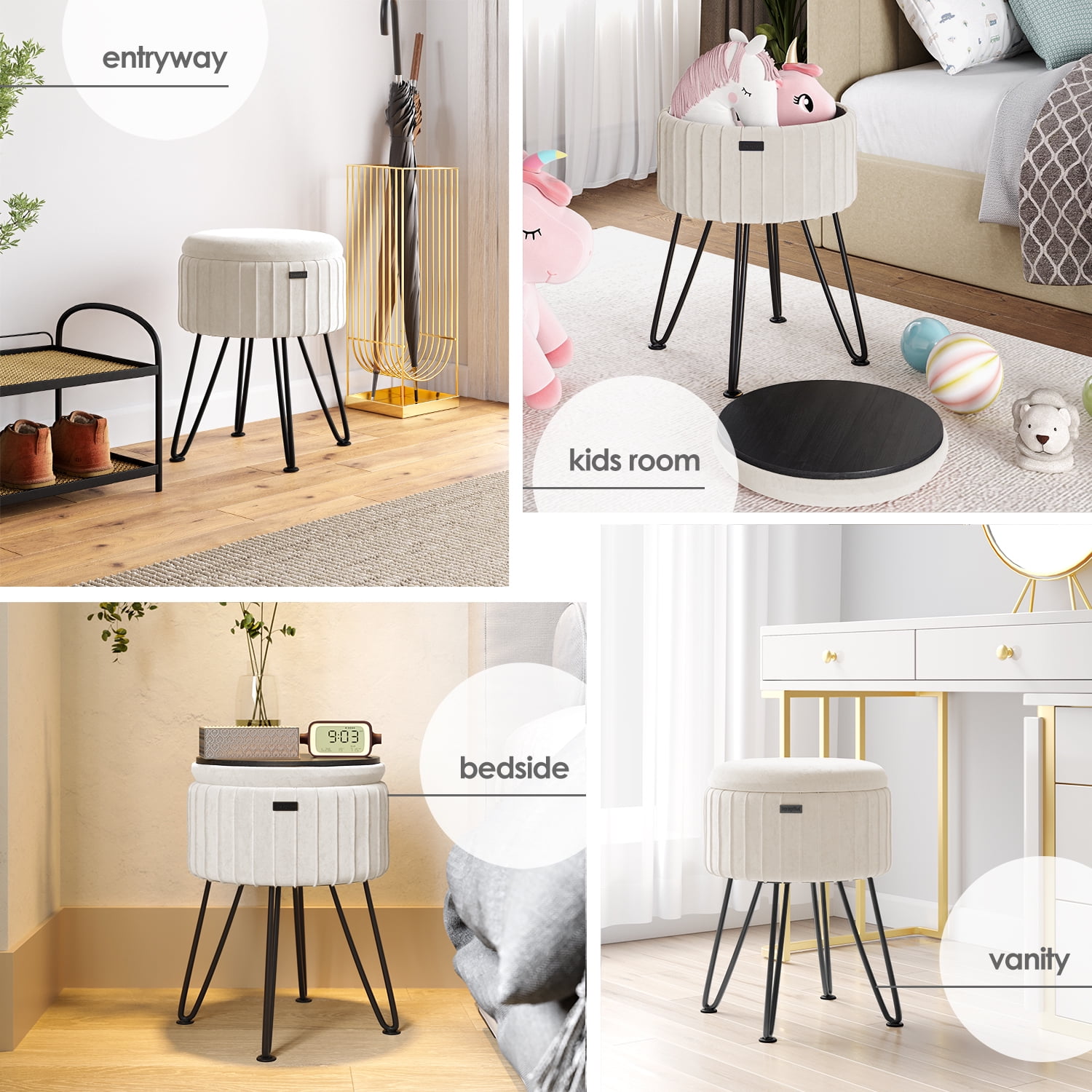 LammaLoe Small Round Ottoman with Storage, Pleated Velvet Ottoman Foot Stool with Lid, Upholstered Vanity Stool for Living Room & Bedroom, Cream