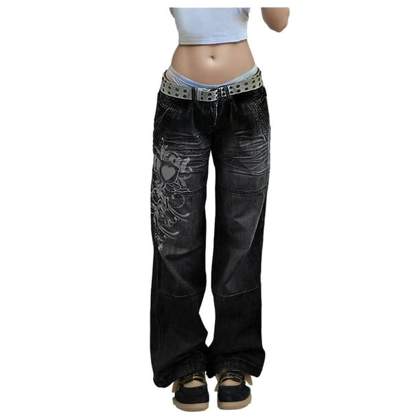 WILLBEST Jeans Mujer Pantalones Casuales de Cintura Baja Para Mujer, de Talla Grande, Con Estampado de Los Años 90, de Pierna Recta, Acampanados, Holgados, Vaqueros de Calle, Pantalones Largos Cómodos