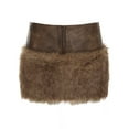 thumbnail image 6 of IWRICH Women's Brown Vintage Patchwork PU Leather Furry Skirt Autumn and Winter Low Waist Open Umbilical Zipper Slim Mini Skirt Brown M, 6 of 9
