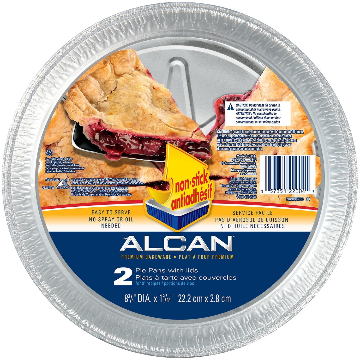 Plat à tartes de 9 po avec couvercles d'Alcan