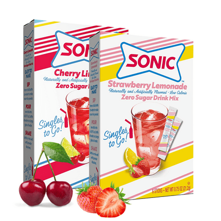 Sonic Singles To Go Powdered Drink Mix 1 Cherry Limeade and 1 Strawberry Limeade Flavored Water Enhancer Sugar-Free and Non-Carbonated Convenient Beverages 2 Boxes 6 Sticks each 12 Total Servings Sonic Singles To Go Powdered Drink Mix 1 Cherry Limeade and 1 Strawberry Limeade Flavored Water Enhancer Sugar-Free and Non-Carbonated Convenient Beverages 2 Boxes 6 Sticks each 12 Total Servings