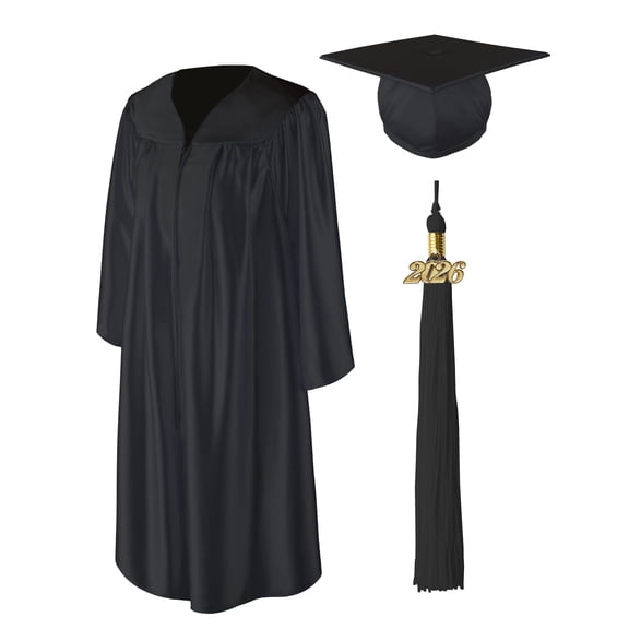 Class Act Graduation Adult Unisex Shiny Graduation Cap and Gown with Matching Tassel and Gold Charm, Small, Black, Cap & Gown