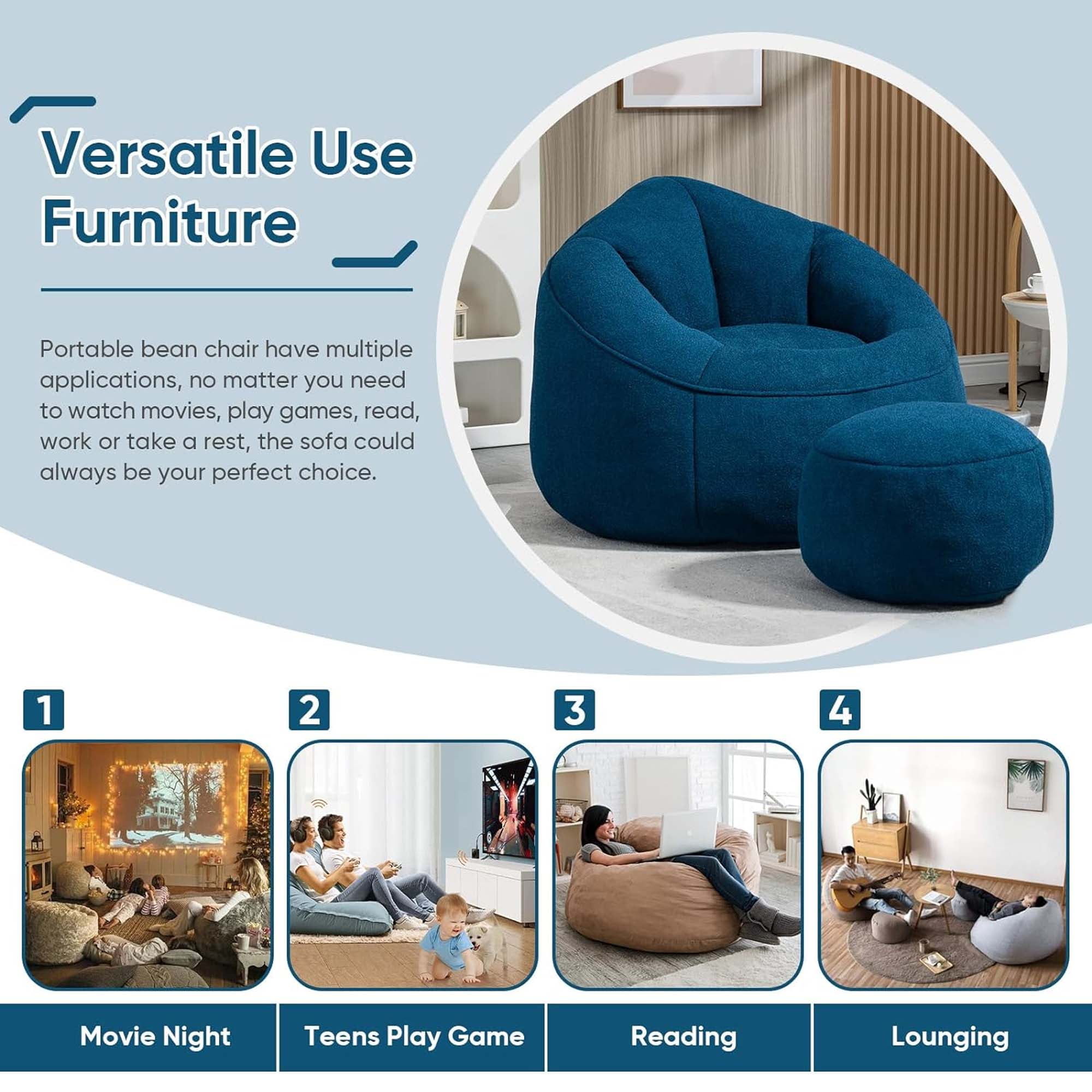 Aukfa Bean Bag Chair, Lazy Sofa Beanbag with Ottoman for Living Room, Dorm - Blue
