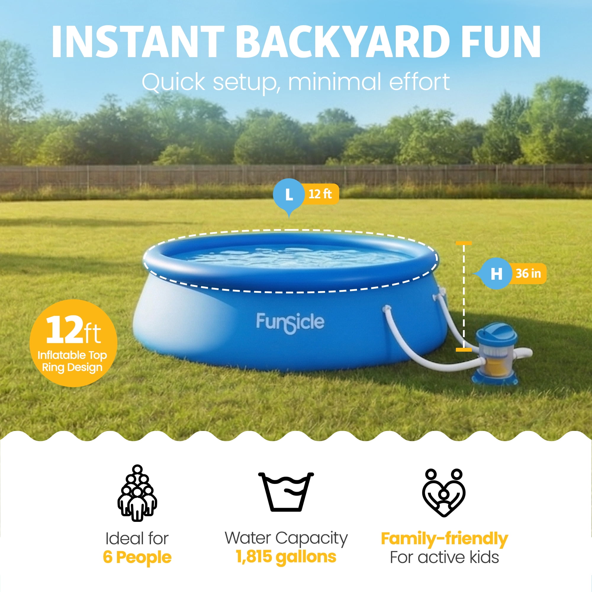 Funsicle QuickSet 12' x 36" Round Inflatable Top Ring Above Ground Swimming Pool Set