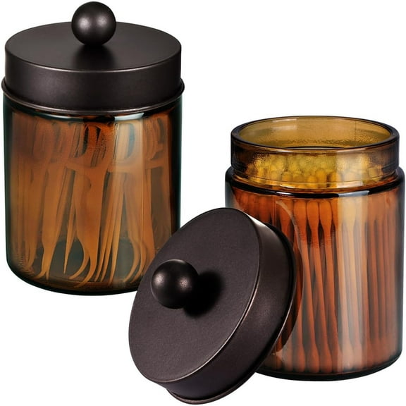 Glass Qtip Holder, Apothecary Jars with Bronze Metal Lid & Stickers-Bathroom Qtip Dispenser Storage Organizer Set,Vanity Counter Canister for Cotton Swabs,Round Floss(2 Pack)
