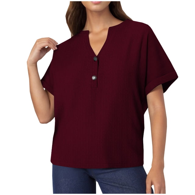 Yuyuzo Womens Tops Short Sleeve Shirts Button up V Neck T Shirts Solid Color Loose Fitted Blouses
