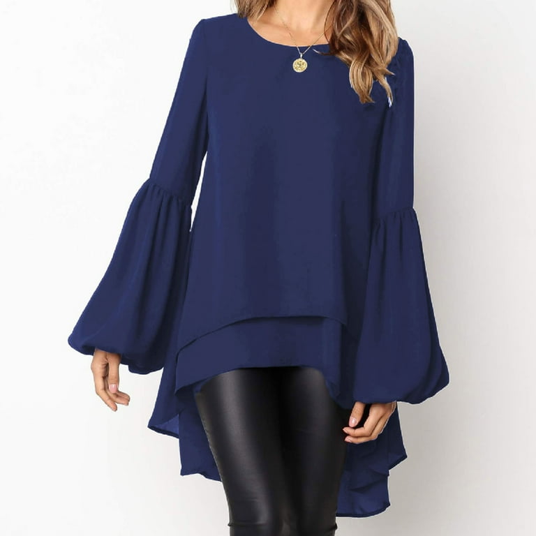 Womens Lantern Long Sleeve Shirt Round Neck High Low Asymmetrical Irregular Hem Pullover Irregular Ruffle Tops Casual Tunic Tops Solid Blouses Dark