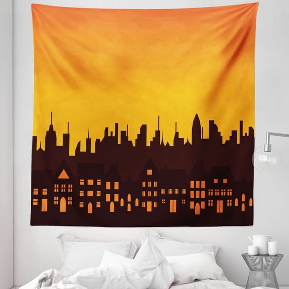 Sunset Tapestry, Cityscape Illustration of Buildings Big City Scenery Dusk Evening Time Print, Fabric Wall Hanging Decor for Bedroom Living Room Dorm, 5 Sizes, Orange Seal Brown, by Ambesonne