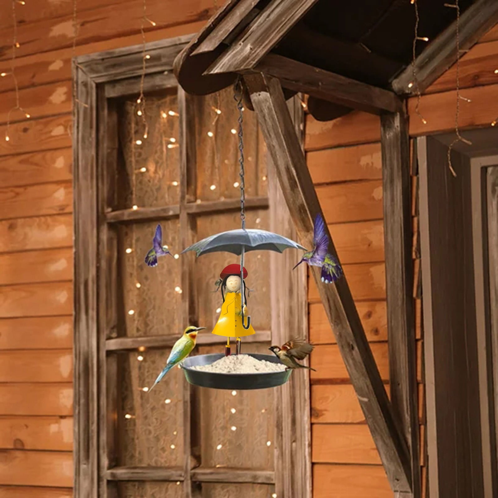YAOCHXINNNN Feeder Pole for outside Sturdy Heated Baths Ground Hummingbird Feeders for outside on Window Novel Feeder Metal Hanging Chain Girl And Umbrella Bird Feeder