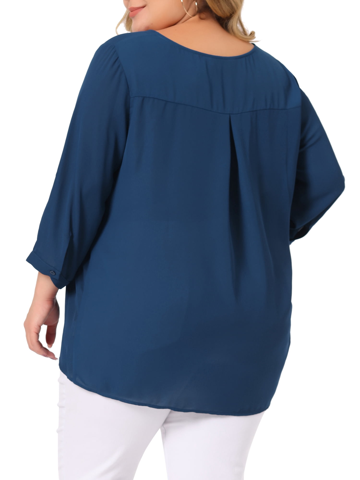 Unique Bargains Women's Plus Size V Neck High Elbow Sleeves Blouse 1X Blue