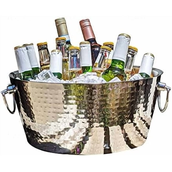 Hammered Stainless-Steel Beverage Tub, Double-Walled Insulated Anchored Drink Tub & Ice Bucket with Double Hinged Handles, Drink Chiller for Parties, 12 Quarts$$Home Decor, Kitchen, & Other