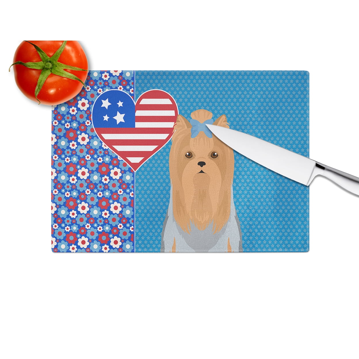 Blue and Tan Full Coat Yorkshire Terrier Glass Cutting Board Large 12 in x 15 in