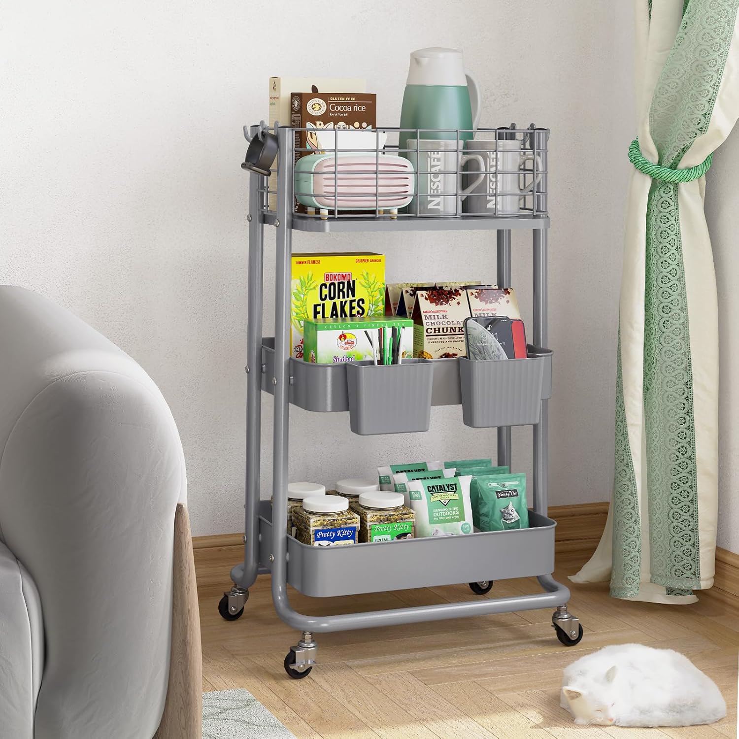 3 Tier Utility Cart, Metal Rolling Cart Organizer, Storage Cart on Wheels, Book Cart, Diaper Cart for Bathroom, Kitchen, Office, Bedroom, Gray