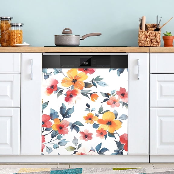 Colorful Flower with Leaves Dishwasher Magnet Cover Magnetic Fridge Door Cover Home Kitchen Decor 23"x 26"