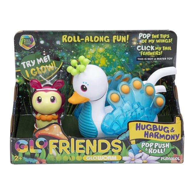 Playskool Glo Friends - ¡Hugbug y Harmony Pop, Push & Roll! - Vehículo cisne - Insecto resplandeciente - Juguete SEL - Edades 2+
