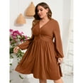 thumbnail image 3 of Women's Long Sleeve V Neck Knotted Elastic Front Knee Length Plus Size Midi Dress, 3 of 5