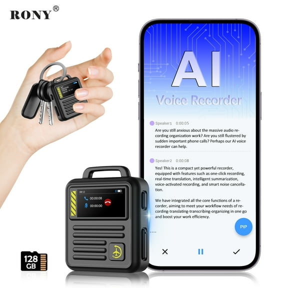 RONY 128GB Digital Voice Recorder with APP Control, 9360 Hours 3072kbps HD Audio Recorder with Transcribe Summarize Translation for Lectures Meetings Interviews, Black