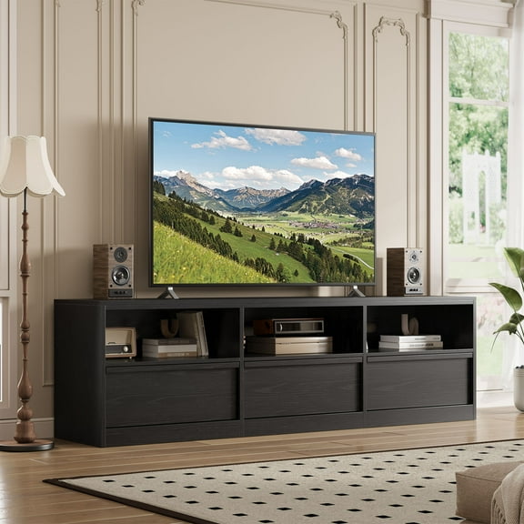 70 inch TV Stand for 75" TVs, Mid Century Modern Entertainment Center with Storage Drawer & Open Shelves, Wood Media Console Cabinet for Living Room/Bedroom