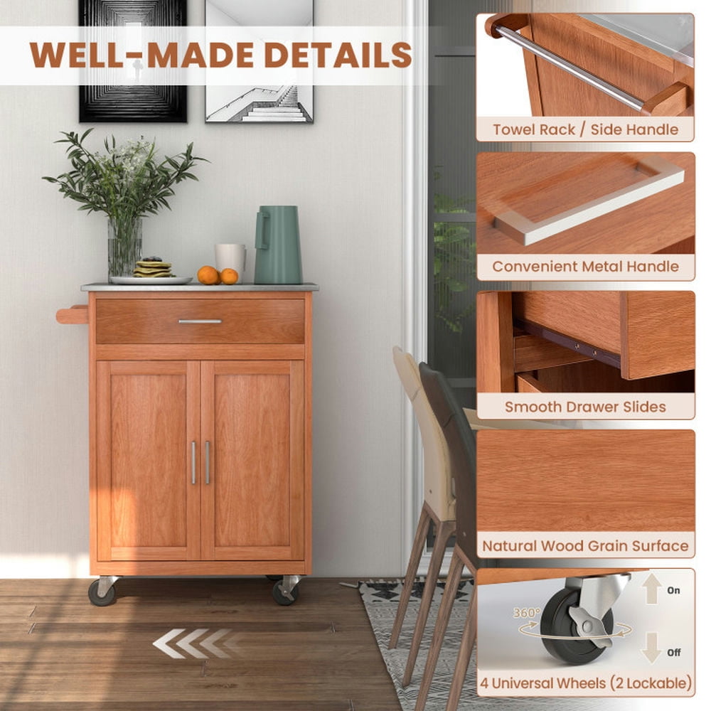 Finihen Rolling Storage Cabinet Cart, Kitchen Island Cart, Wooden Kitchen Rolling Storage Cabinet with Stainless Steel Top, for Kitchen, Dining Room, Brown Finihen Rolling Storage Cabinet Cart, Kitchen Island Cart, Wooden Kitchen Rolling Storage Cabinet with Stainless Steel Top, for Kitchen, Dining Room, Brown