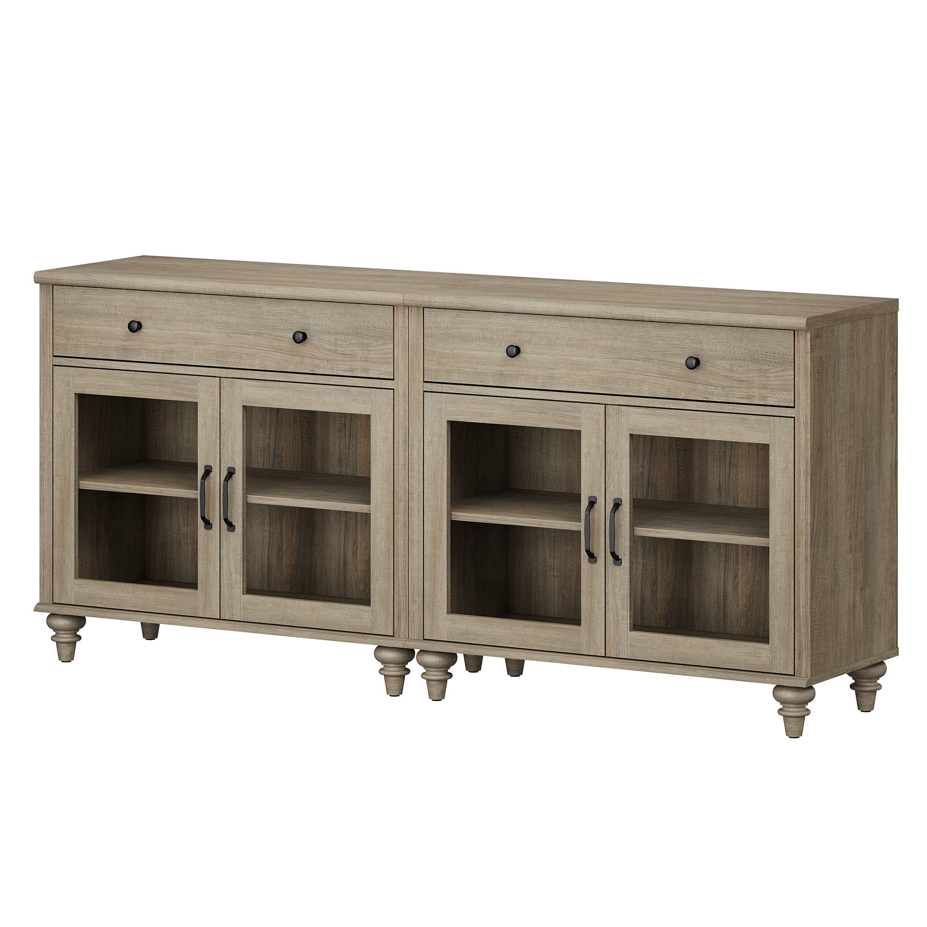 72.1"H × 67.7"W Bookcase with Glass Doors and Drawer, Large Farmhouse Bookcase with Bar Hutch, Suitable for Living Room, Bedroom, Home Office & Kitchen, Wash Gray