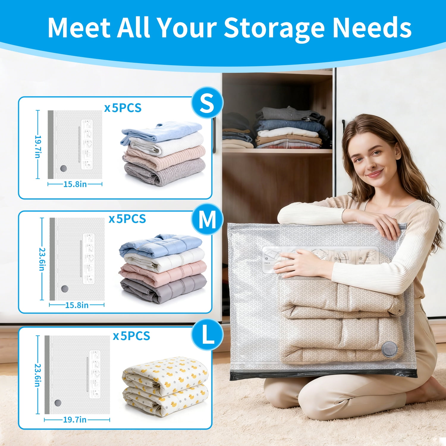 TINANA Vacuum Storage Bags for Travel with Rechargeable Electric Pump, 15 Pack Space Saver Bags for Clothes, Bedding, Luggage, and Suitcase Compression