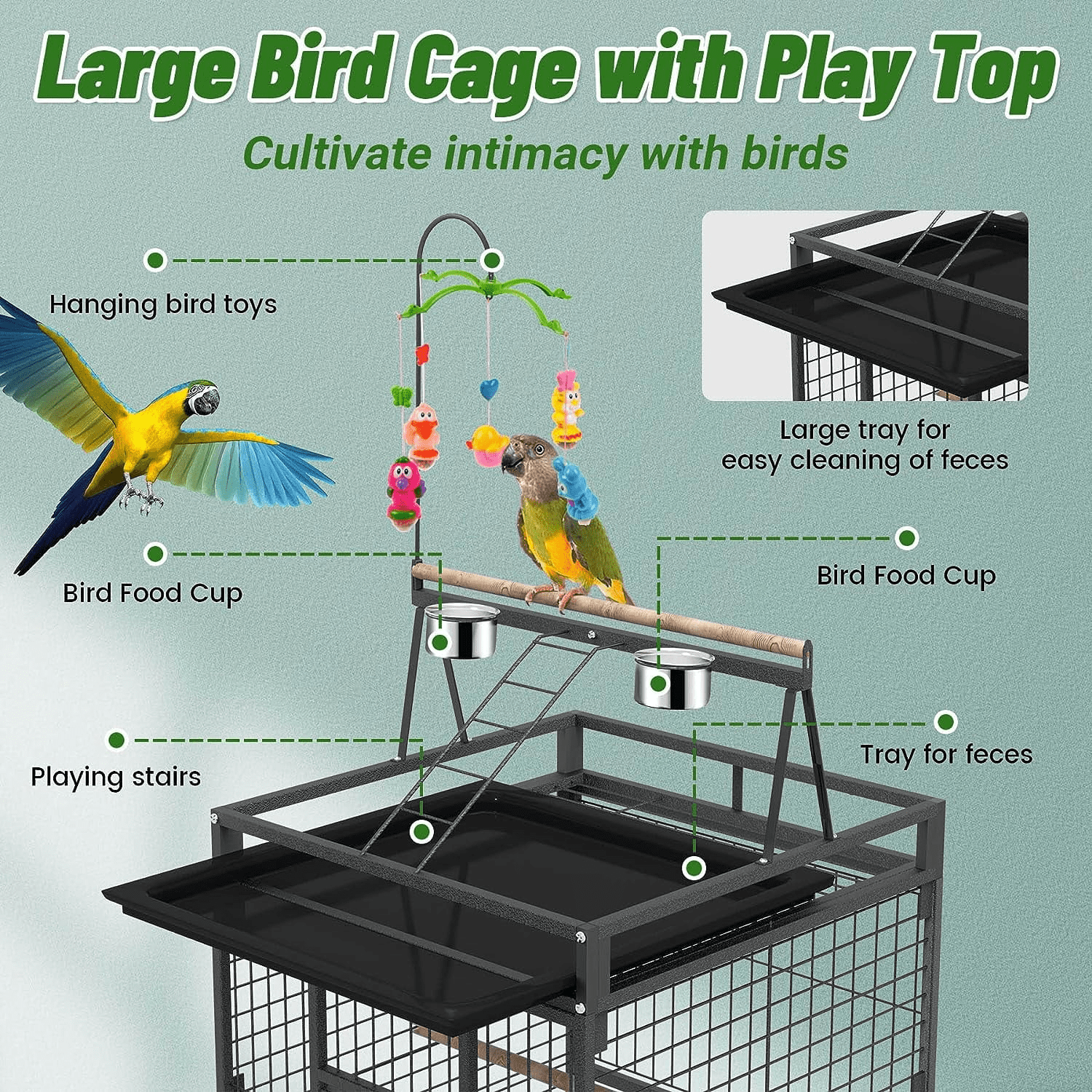 HAUXITIO 82" Rolling Metal Bird Cage,Large Parrot Cage with Play Top for Pet Birds,Black