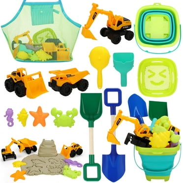 sixwipe Beach Toys, 14 Pcs Sand Toys, Sandbox Toys with 2 Truck 2 Collapsible Beach Bucket, Sand Castle Toys Kit, Animal Dinosaur Molds, Shovel Set, Mesh Bag, Travel Toys for Kids Toddlers Boys Girls