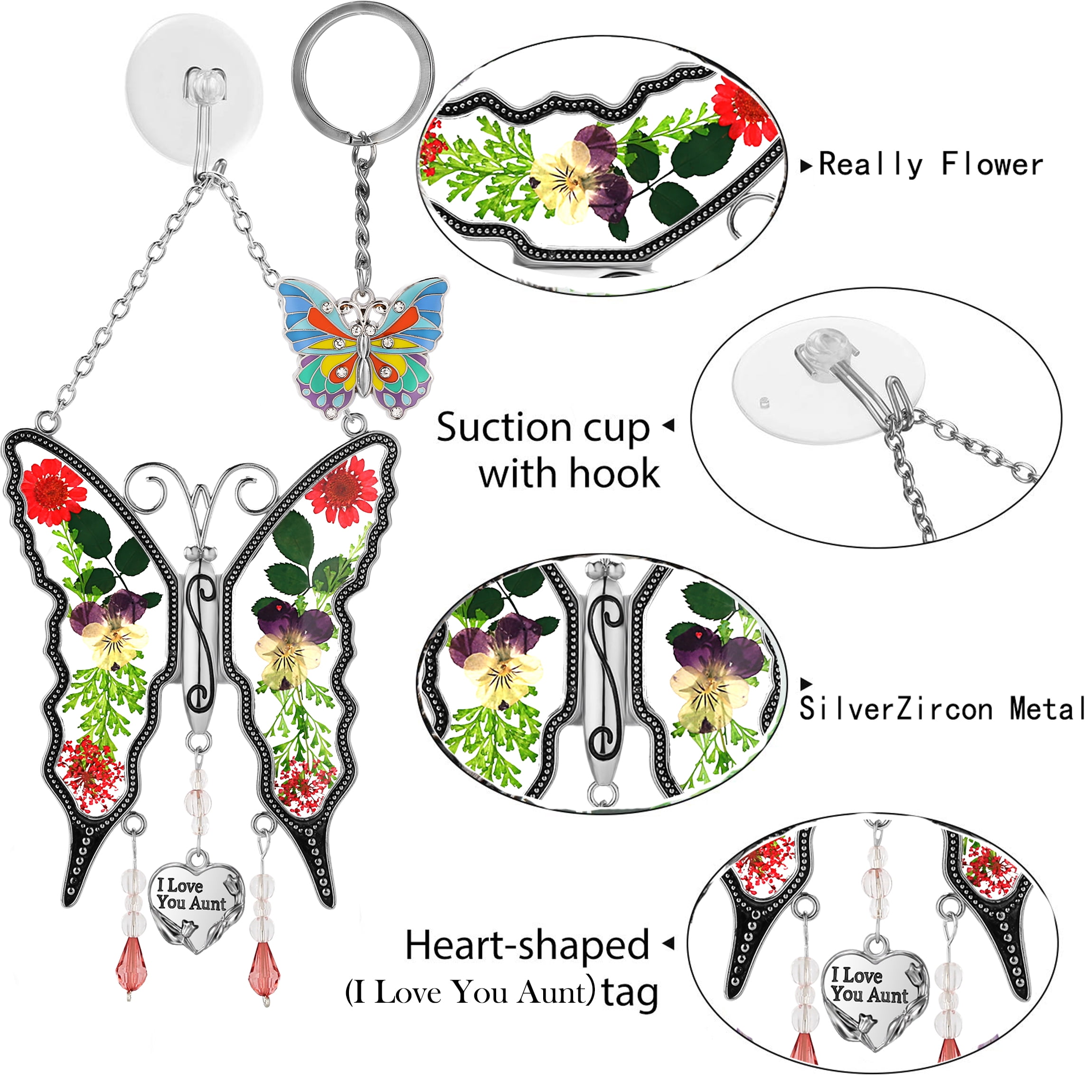 I Love You Aunt Butterfly Suncatchers& Blue Butterfly Keychain Silver Zircon & Stained glass and really flower material Color box packing Make Happy Mother's Day Gifts for Aunt Birthday Christmas