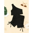 thumbnail image 2 of goowrom Toddler Kid Girl Casual Outfits Sets, Solid Color Oblique Shoulder Crop Tops with Elastic Waist Side Ruched Drawstring Shorts, 2 of 9