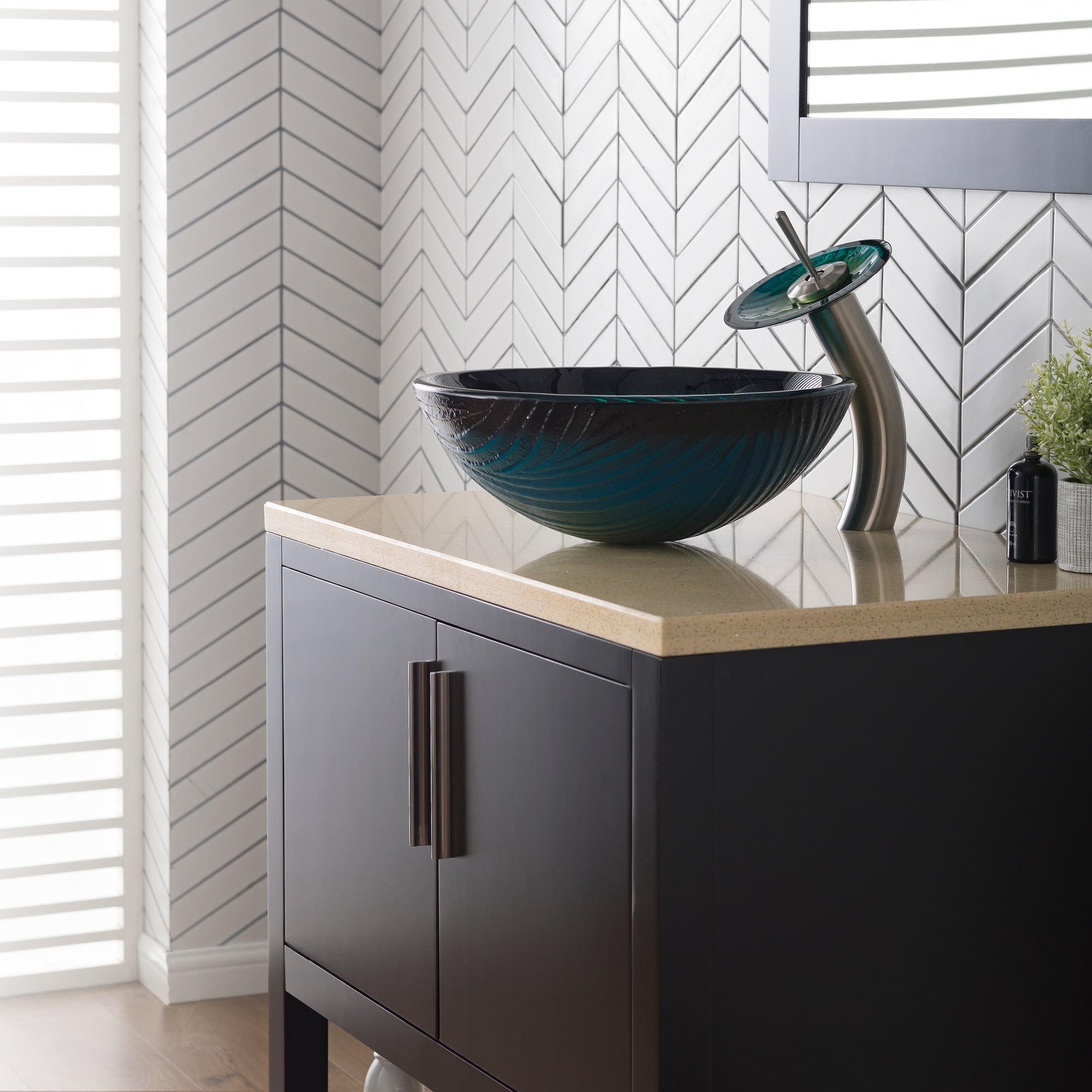 KRAUS Nature Series Green Glass Bathroom Vessel Sink and Waterfall Faucet Combo Set with Matching Disk and Pop-Up Drain, Satin Nickel Finish