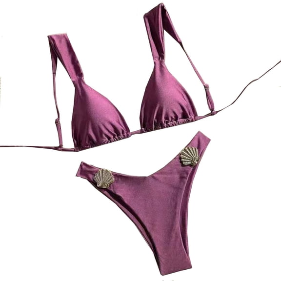 Efsteb Thong Bikini Sets for Women Beachwear Bikini Low Waisted Solid Color Bathing Suit Swimwear Surfing (Purple,L)