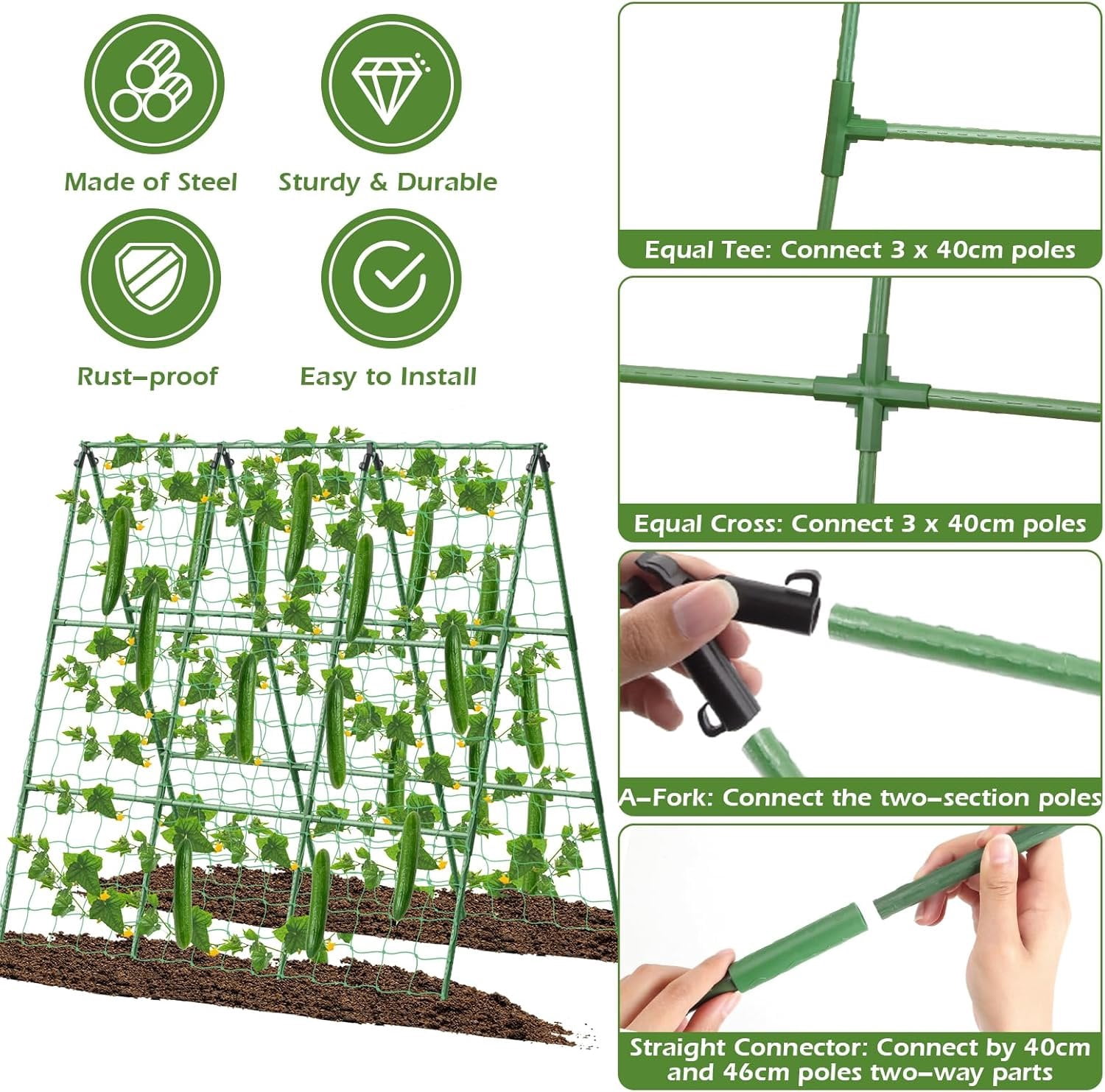 Cucumber Trellis for Raised Beds, 45 x 53 Inch Adjustable Size A-Frame Garden Trellis for Climbing  Outdoors with Climbing Net and  Support Clip for Vegetable Grape Tomato Bean Pea
