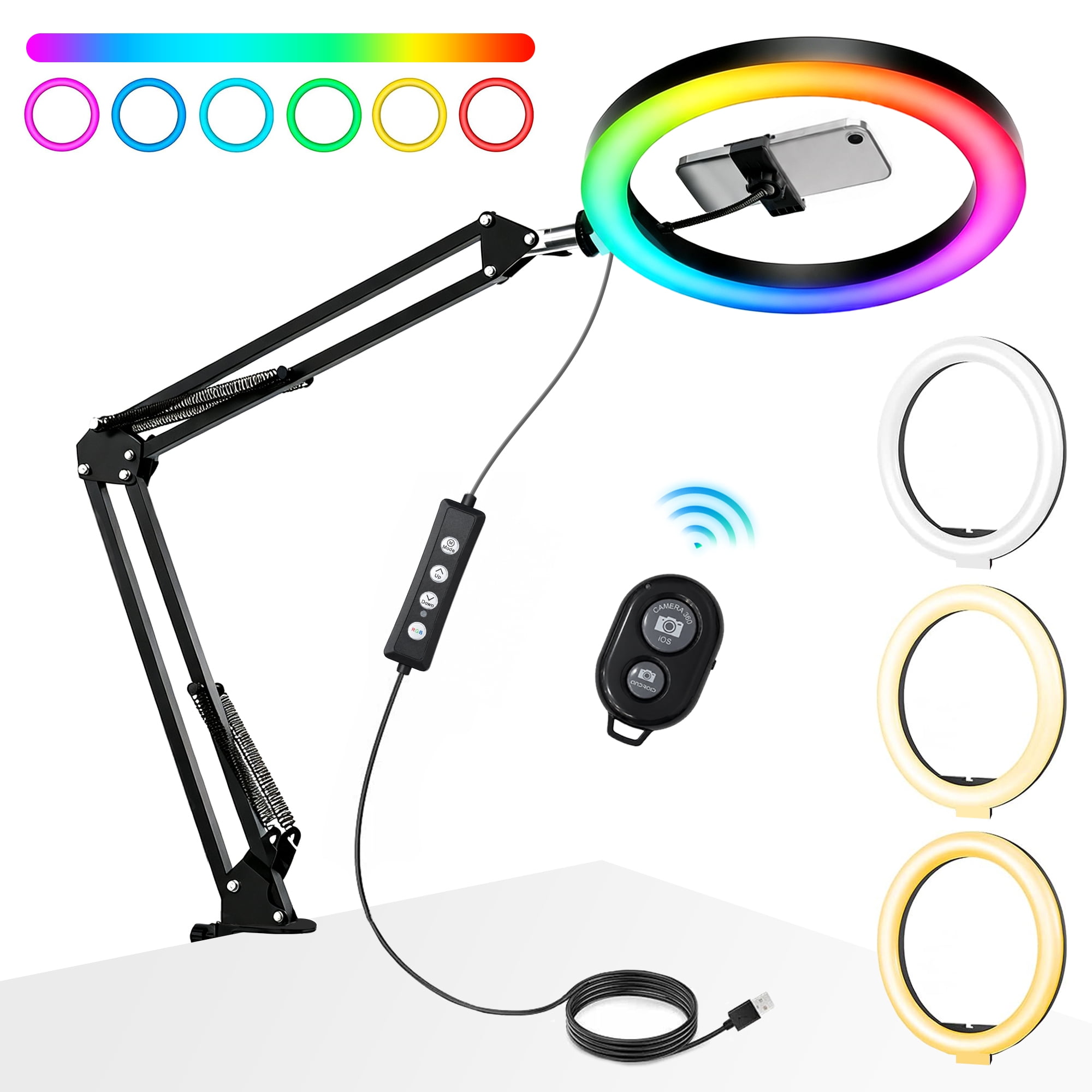 TIKBBRMG Overhead Phone Mount with 12" RGB Ring Light, Upgrade Adjustable Desk Selfie Light with Phone Holder & Remote Control for Video Recording,Zoom Meeting,Live Streaming Tiktok,YouTube