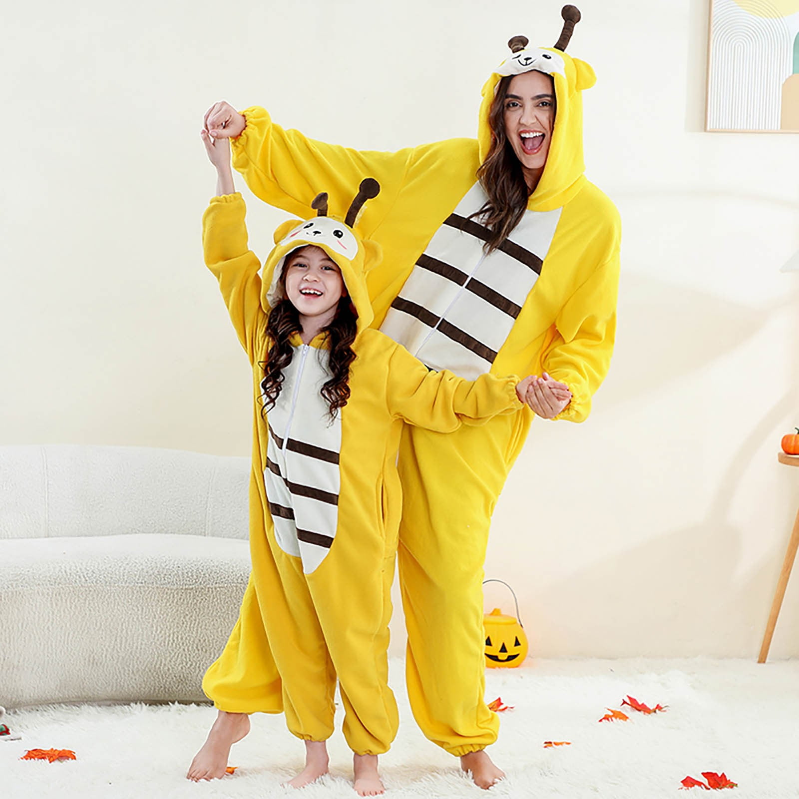 VNKIDY Women Autumn Winter Family Matching Yellow Cute Onesie Pajamas Plush Thermal Long Sleeve Loungewear With Hood Pockets For Home Relaxing Relaxed Set