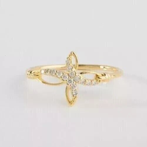 Hitanshu Jewels Women's Cross Wedding Ring Round Cut CZ In 14K Yellow Gold Finish