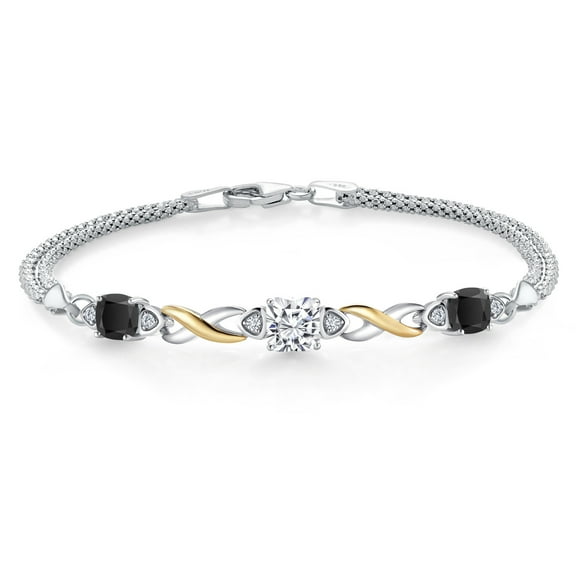 Gem Stone King 925 Silver and 10K Yellow Gold White Moissanite and Black Onyx and White Lab Grown Diamond Bracelet for Women (2.35 Cttw, Gemstone, Asscher Cut 6MM, 6.5 inches, Made in Italy)