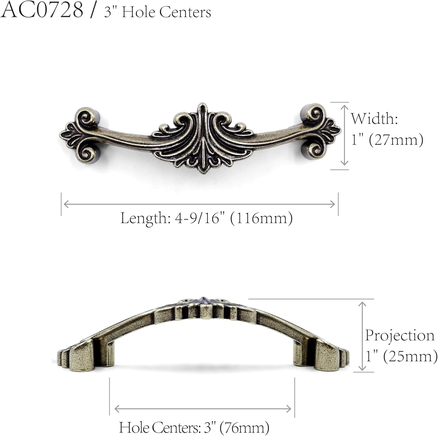 Vintage Acanthus Cabinet Pull – 6 Pack, Antique Gray, 3" Hole Centers, Ornate Baroque-Style Solid Cast Metal Drawer Handle, AC0728AN076
