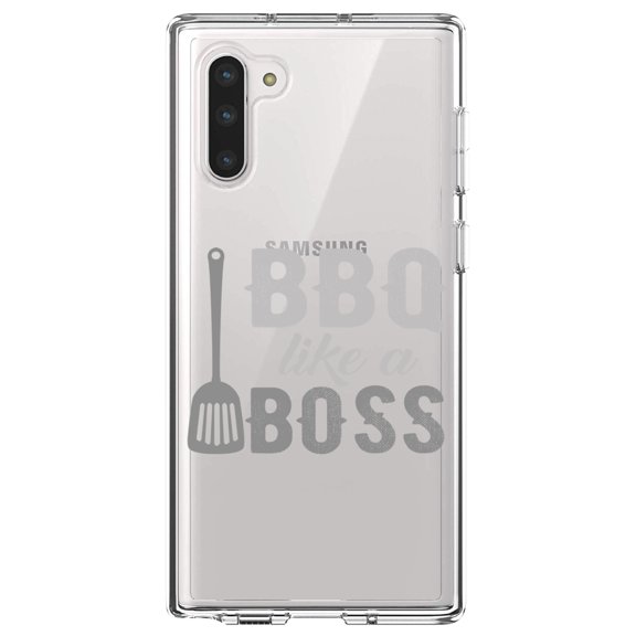 DistinctInk Clear Shockproof Hybrid Case for Samsung Galaxy Note 10 (6.3" Screen) - TPU Bumper Acrylic Back Tempered Glass Screen Protector - BBQ Like a Boss Barbecue