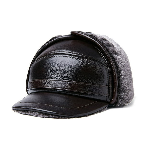 Winter Caps Leather Middle Old Aged Fleece Lining Warm Earmuffs Headgear  Vintage Style Thermal Hat Outdoor Walking Daily Wear Dark brown XL{57-58} 