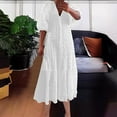 thumbnail image 6 of Women Bohemian Midi Dress Puff Sleeve V Neck Button Up Dresses Solid Causel Pleated Ruffled Dresses, 6 of 6