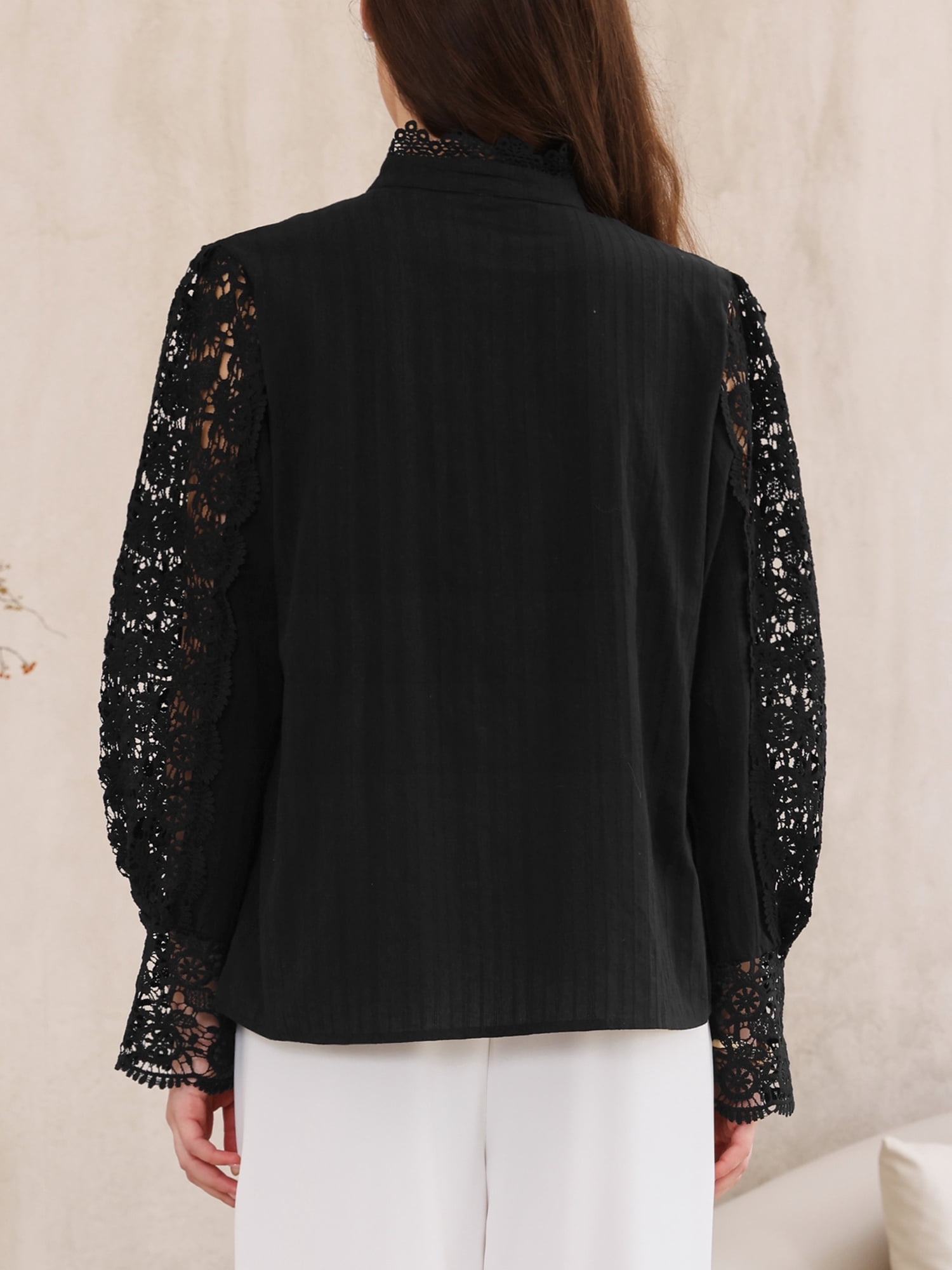 DARING DIVA Women's Lace Trim Top Victorian Long Sleeve Button Down Blouse S Black