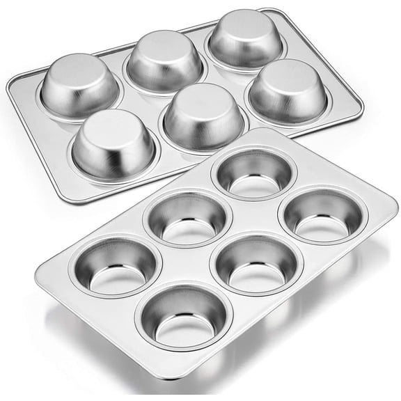VeSteel Stainless Steel Muffin Pan Set of 2, Metal Cupcake Pan Tray for Baking, Non-Toxic, Dishwasher Safe - 6-Cup