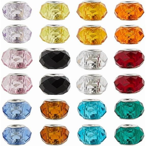 72Pcs 12 Colors Large Hole Glass Beads Glass European Bead Faceted Rondelle Craft Beads with Silver Brass Core