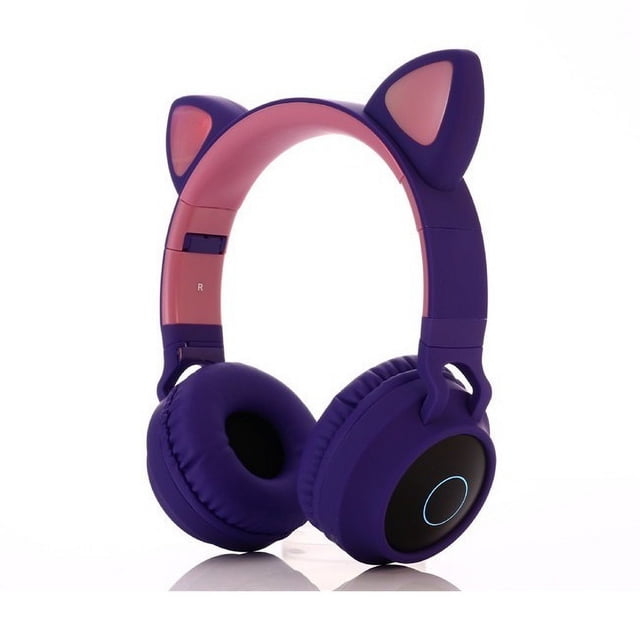 Auriculares con oreja de gato Bluetooth 5.0 para niños Auriculares inalámbricos estéreo plegables en la oreja con micrófono Luz LED y control de volumen Soporte para tarjeta TF auxiliar (azu