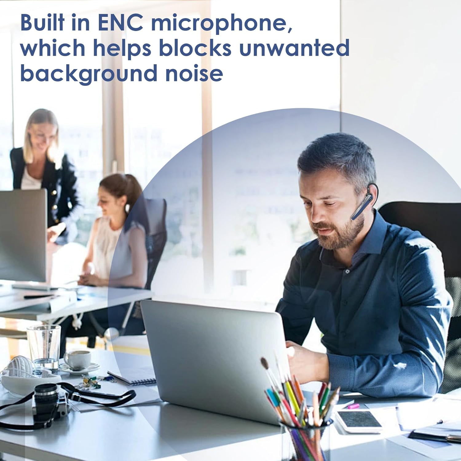 Bluetooth Headset with Microphone, Wireless Earpiece with Charging Case for Cellphones, PC, Single Ear Headset with Mute for Trucker Driver, Remote Work