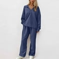 thumbnail image 2 of Inleife 2 Piece Womens Sweatsuits Women's Solid Color Turndown V-Neck Long Sleeve Elastic Waist Pockets Long Pants Set, 2 of 6